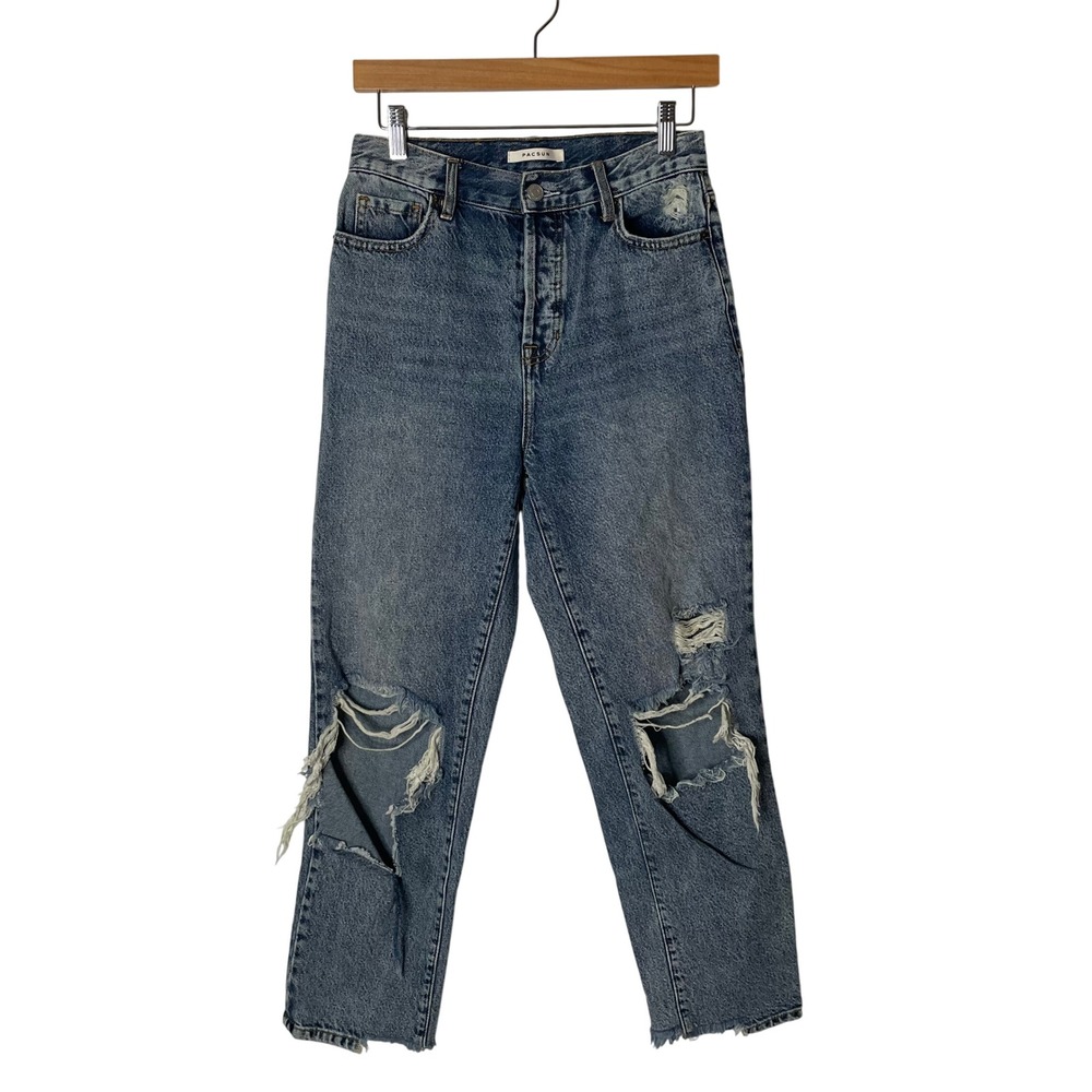 PacSun High Rise Straight Jeans Blue Distressed Denim Button Fly Destroyed 25‎